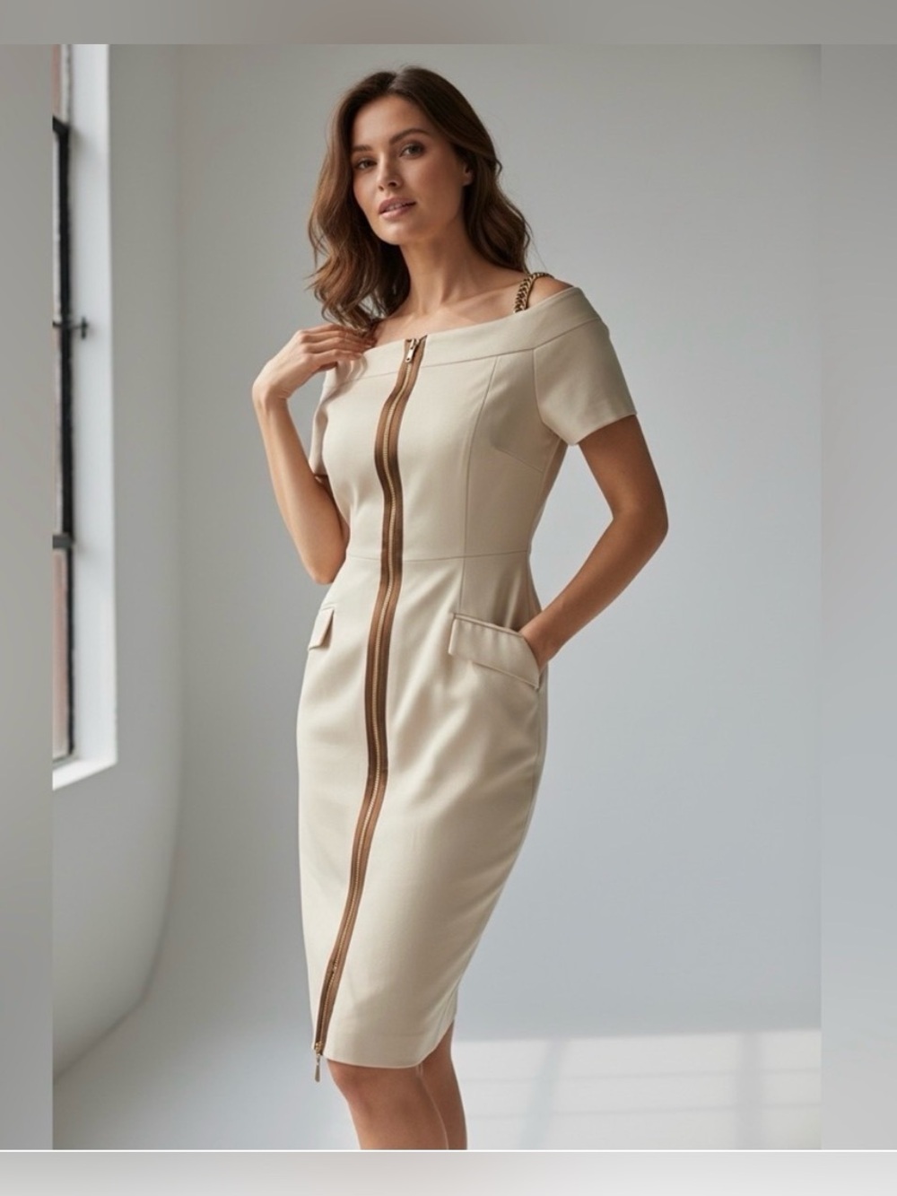 Escada Danice Off-Shoulder Tan Zip-Front Sheath Dress Silk Cotton Size 38